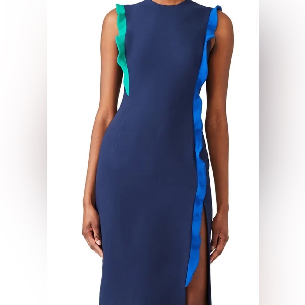 Black Halo Navy Sheath Dress with Green and Blue Ruffle Details 6